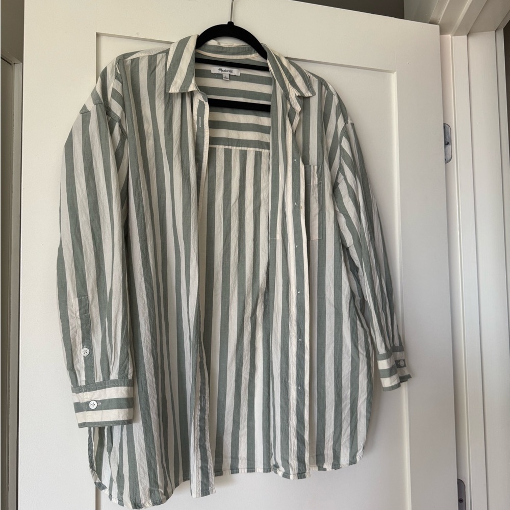 Madewell Green and White Striped Button Down Shirt